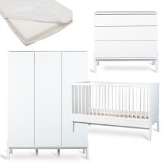 Chambre bébé Ashi : lit 70 x 140 cm + matelas + commode + armoire XL 3 portes