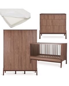 Chambre bébé Ashi : lit 70 x 140 cm + matelas + commode + armoire XL 3 portes