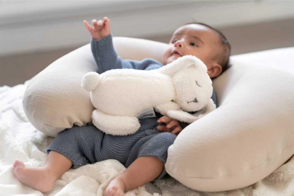 bébé avec coussin d'allaitement et bouillotte